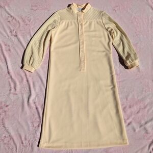 Vintage 70s Mod Shirt Dress M/L Yellow Midi Pointelle Lace Sleeve Shift Mandarin